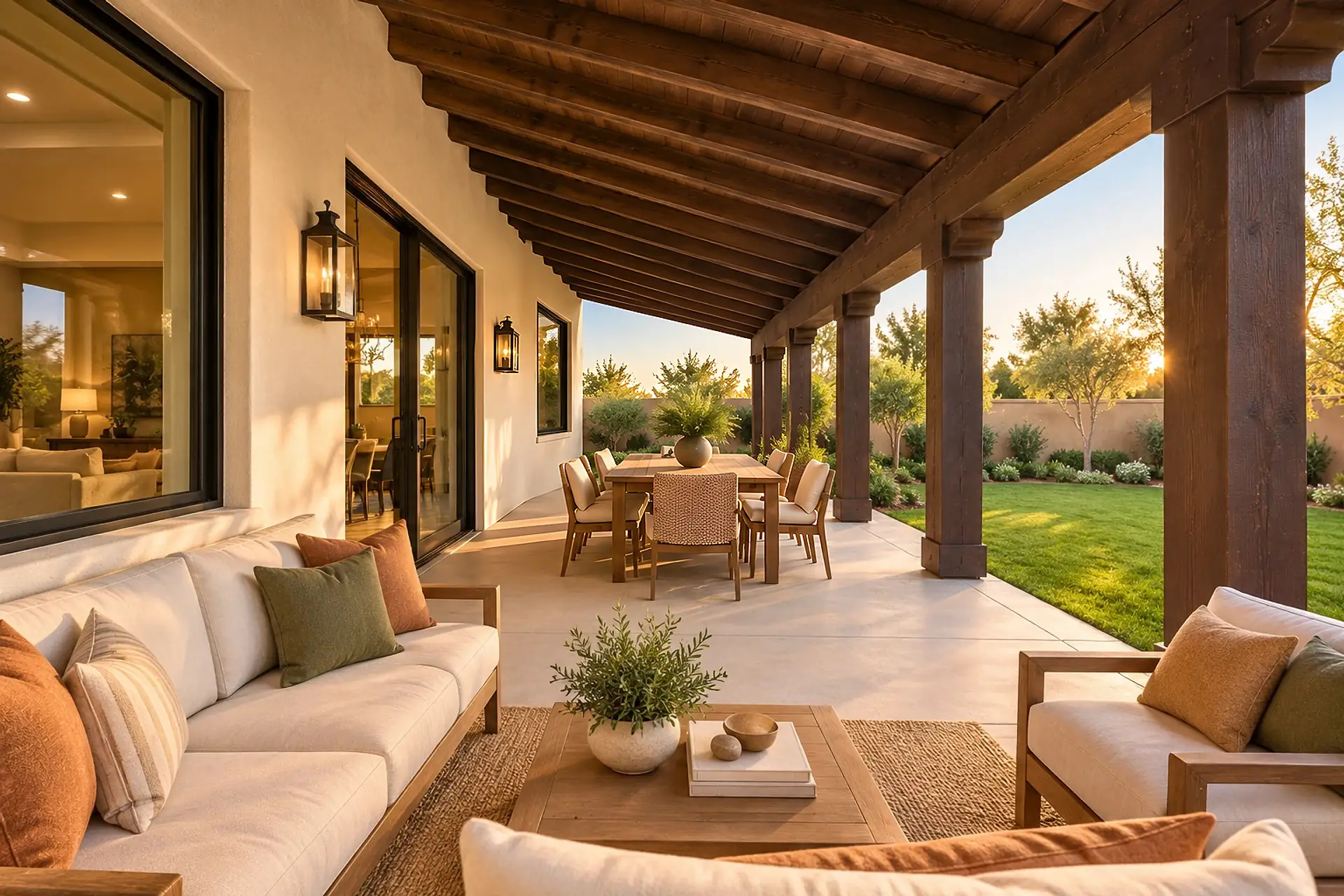 Rendering of the covered back patio: dark wood posts and exposed rafters, an outdoor sofa and coffee table in front, a dining table beyond, and the lawn and garden wall past its open end.