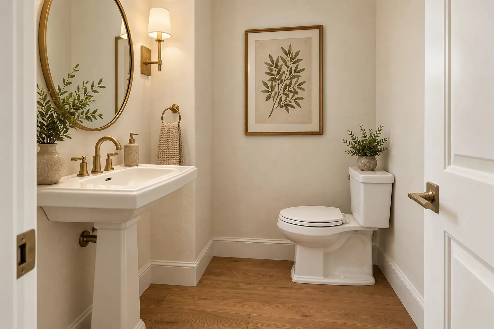 Rendering of the powder room: a pedestal sink under a round brass mirror on the left, and the toilet against the right-hand wall, facing it.