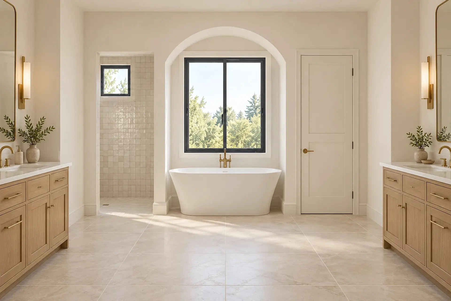 Rendering of the primary bath: a freestanding tub under an arched window, the doorless shower with its small window on the left, a vanity on each side wall, and a door on the right.