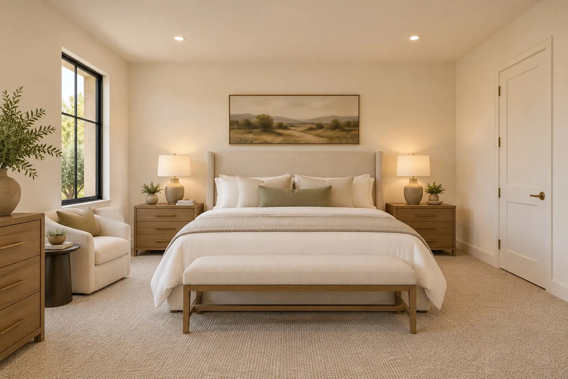 Rendering of the primary bedroom: a king bed with an upholstered headboard between two nightstands, a bench at its foot, a black-framed window on the left wall, and the door in the far right corner.
