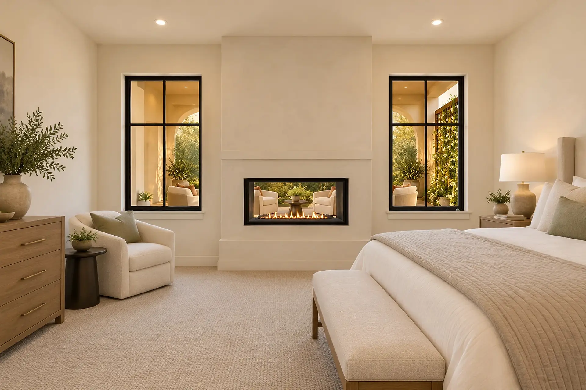 Rendering of the primary bedroom toward the garden wall: a see-through gas fireplace between two black-framed windows, with the covered garden's swivel chairs and jasmine beyond.