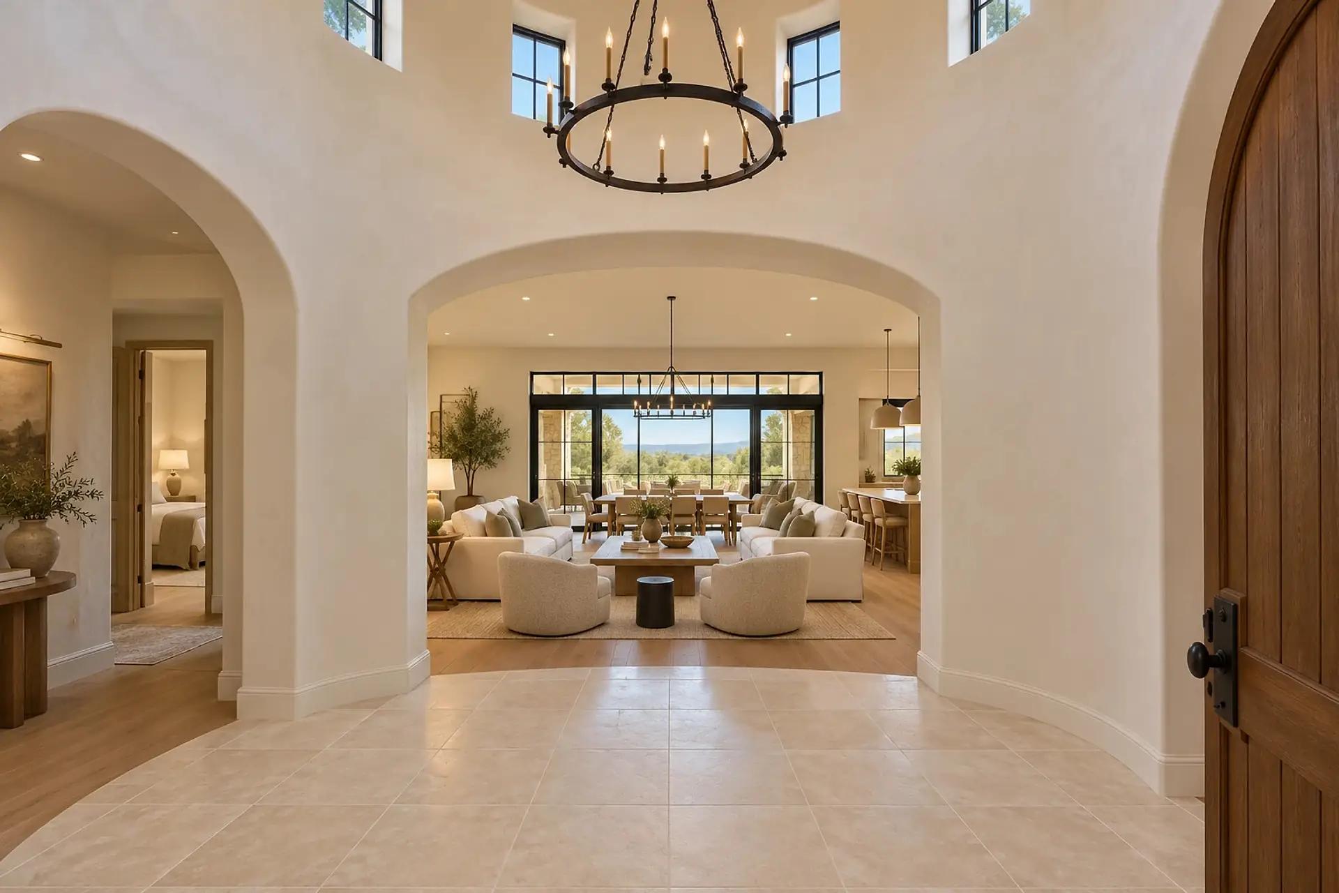 Rendering of the round entry rotunda from the front door: curved plaster walls, an iron chandelier, small windows high in the tower, and wide arched openings into the great room ahead and the hall on the left.