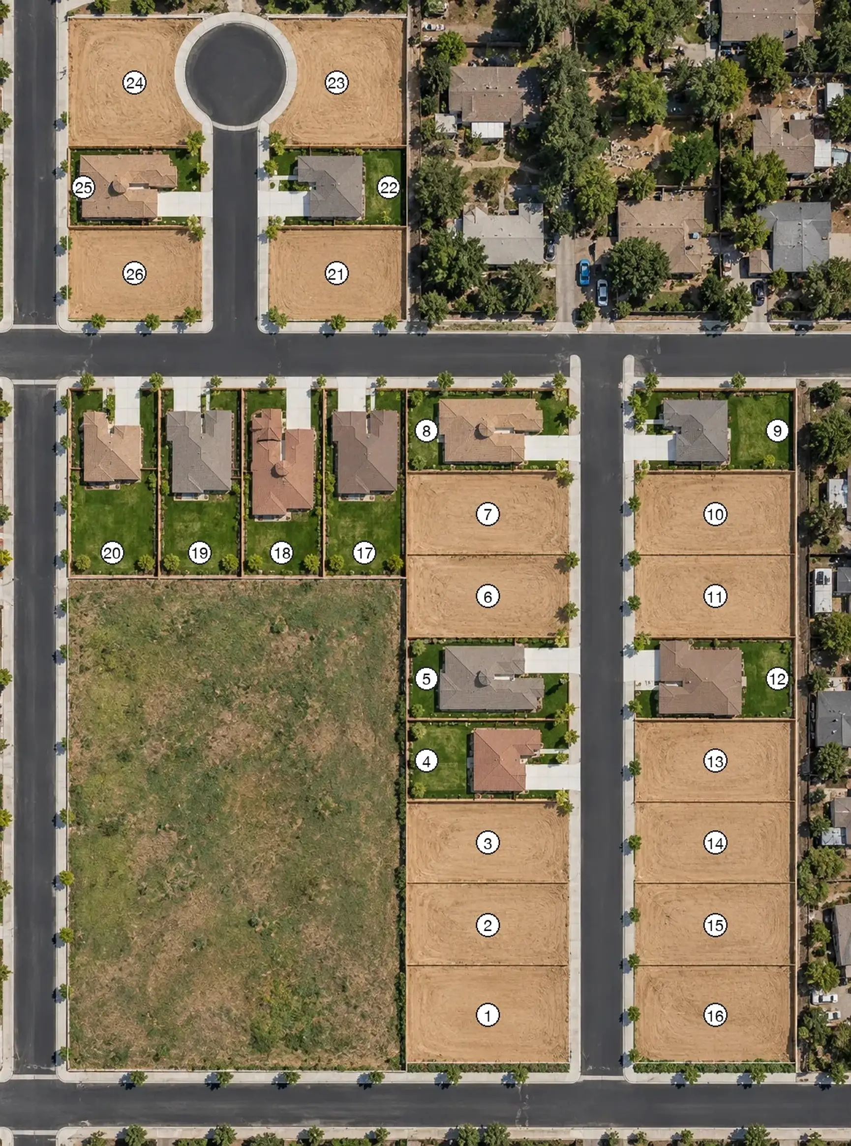 The same straight-down aerial with each lot numbered, for picking a lot.