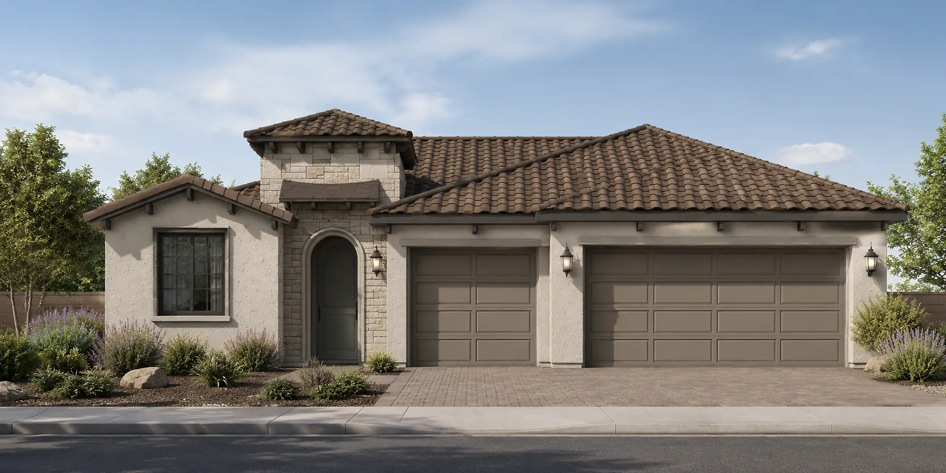 Rendering of a single-story Spanish-style home: clay tile roof, a stone-clad entry tower with an arched door, and a one-car and a two-car garage door on a paver driveway.