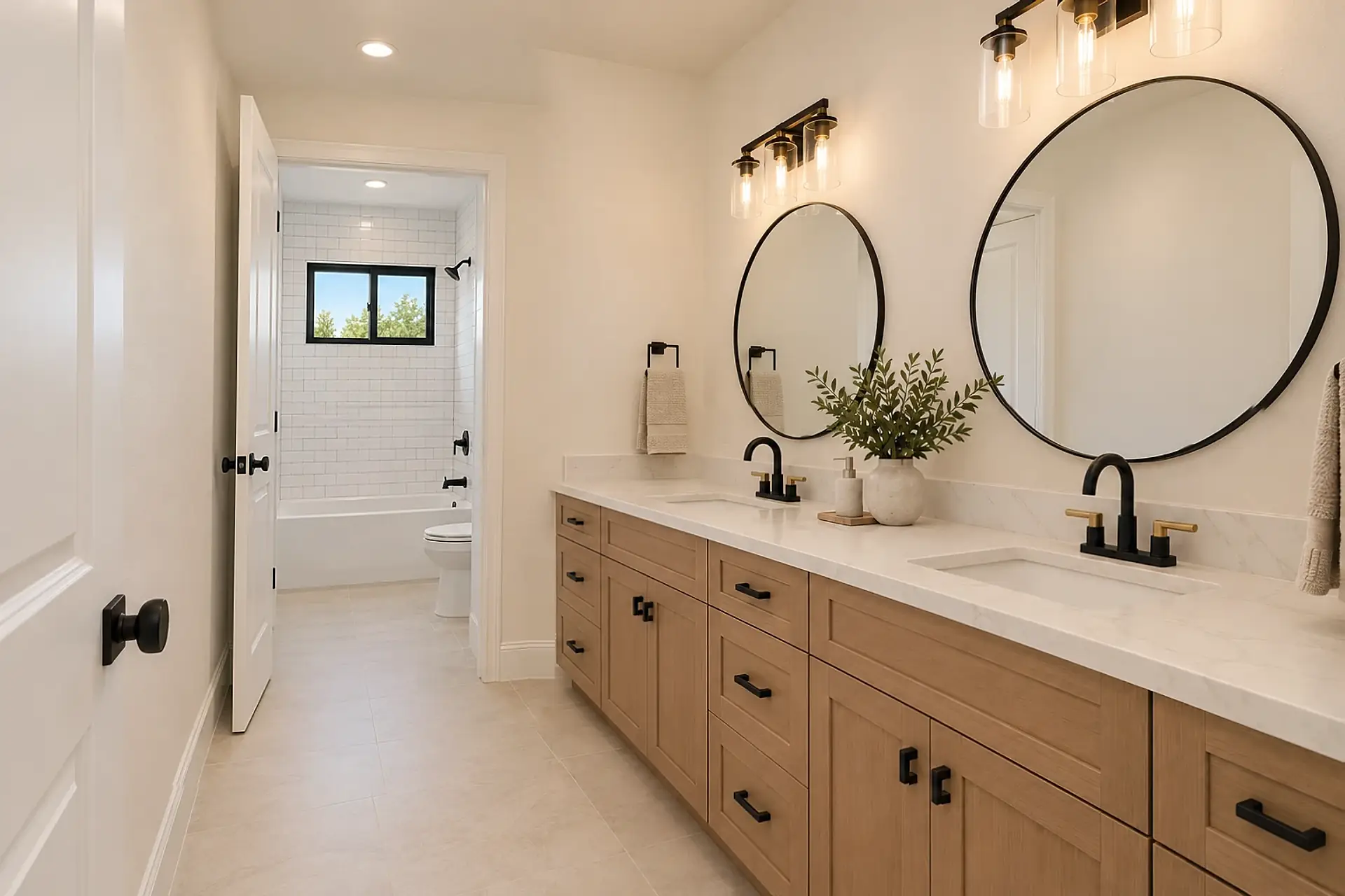 Rendering of bath 2 from the hall door: a long light-wood vanity with two sinks, black and brass faucets and two round black-framed mirrors under black and brass lights on the right, and through the inner door at the end, a tub-shower in white subway tile under a small window, and the toilet.