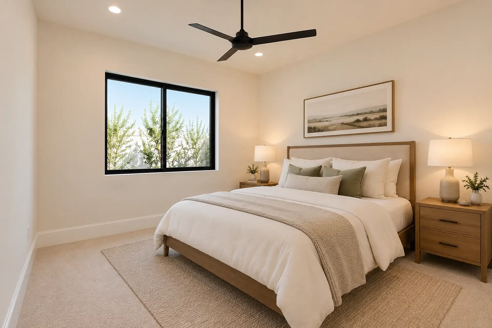 Rendering of bedroom 2: a queen bed with an upholstered headboard between wood nightstands with lamps, a landscape print over it, a black-framed window on the left wall and a black ceiling fan.