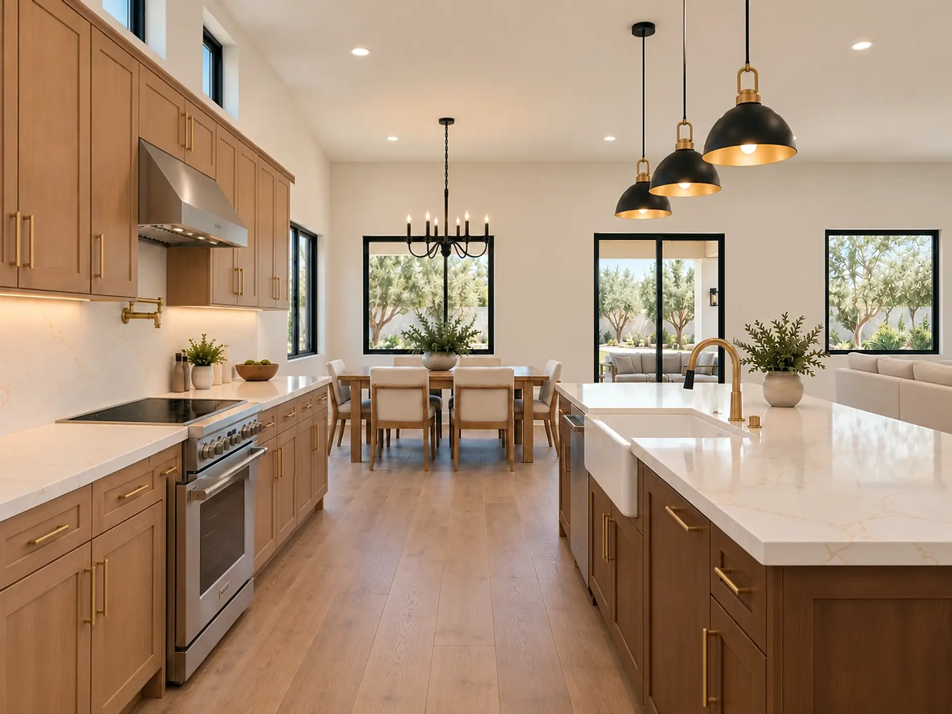Rendering of the kitchen toward the dining area and the patio: the range under a stainless hood with a brass pot filler on the left, the island with its white apron-front sink and brass faucet on the right, and the dining table under a black chandelier in front of black-framed windows and a sliding glass door to the covered patio.