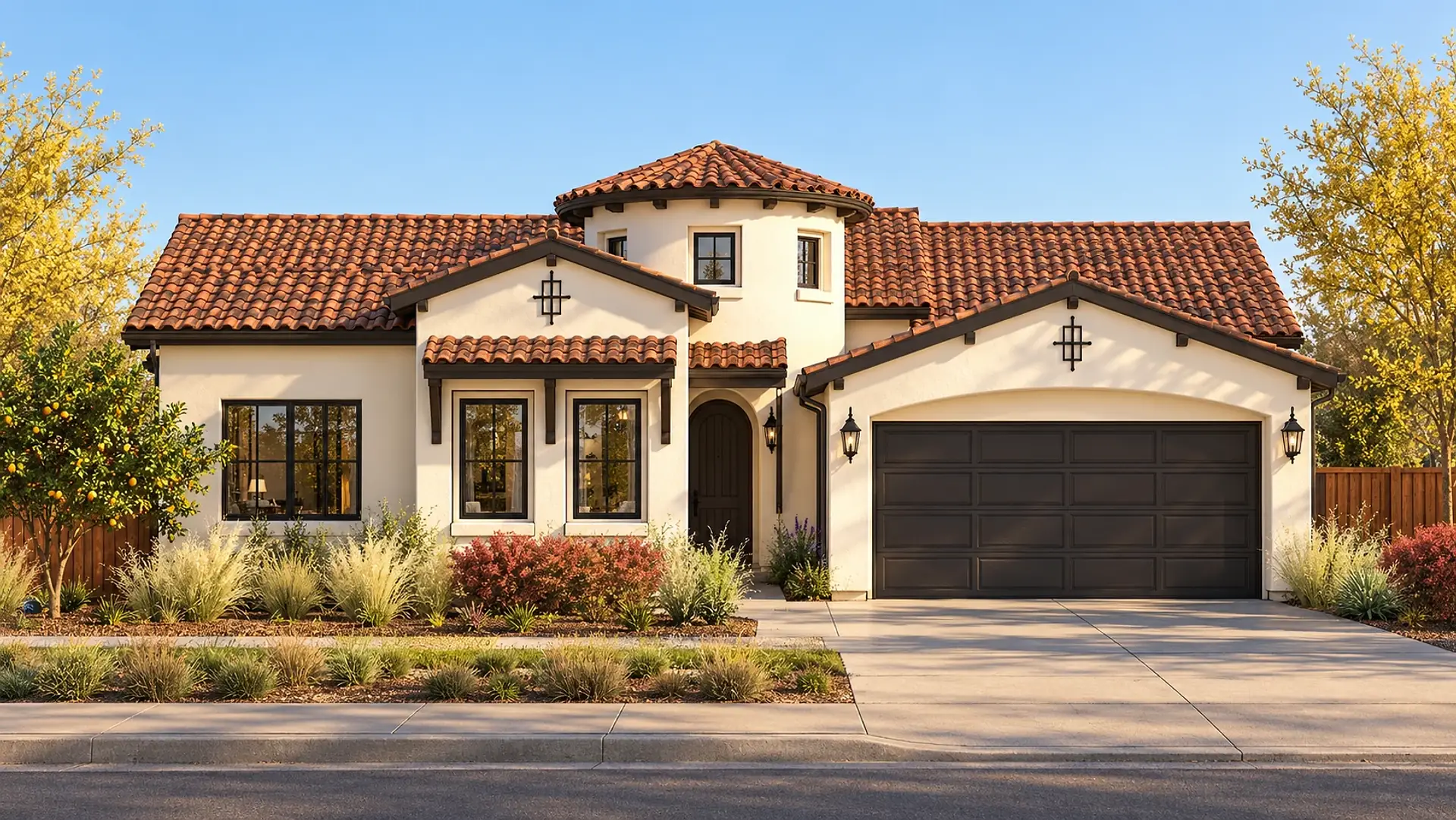 Rendering of a single-story Spanish Colonial home straight on from the street at golden hour: cream stucco under clay tile roofs, a stucco tower with small windows over the center, a front gable with an iron ornament over two windows beside a wide black-framed window, an arched dark door, and a dark two-car garage door under an arched gable, with drought-tolerant planting along the drive.