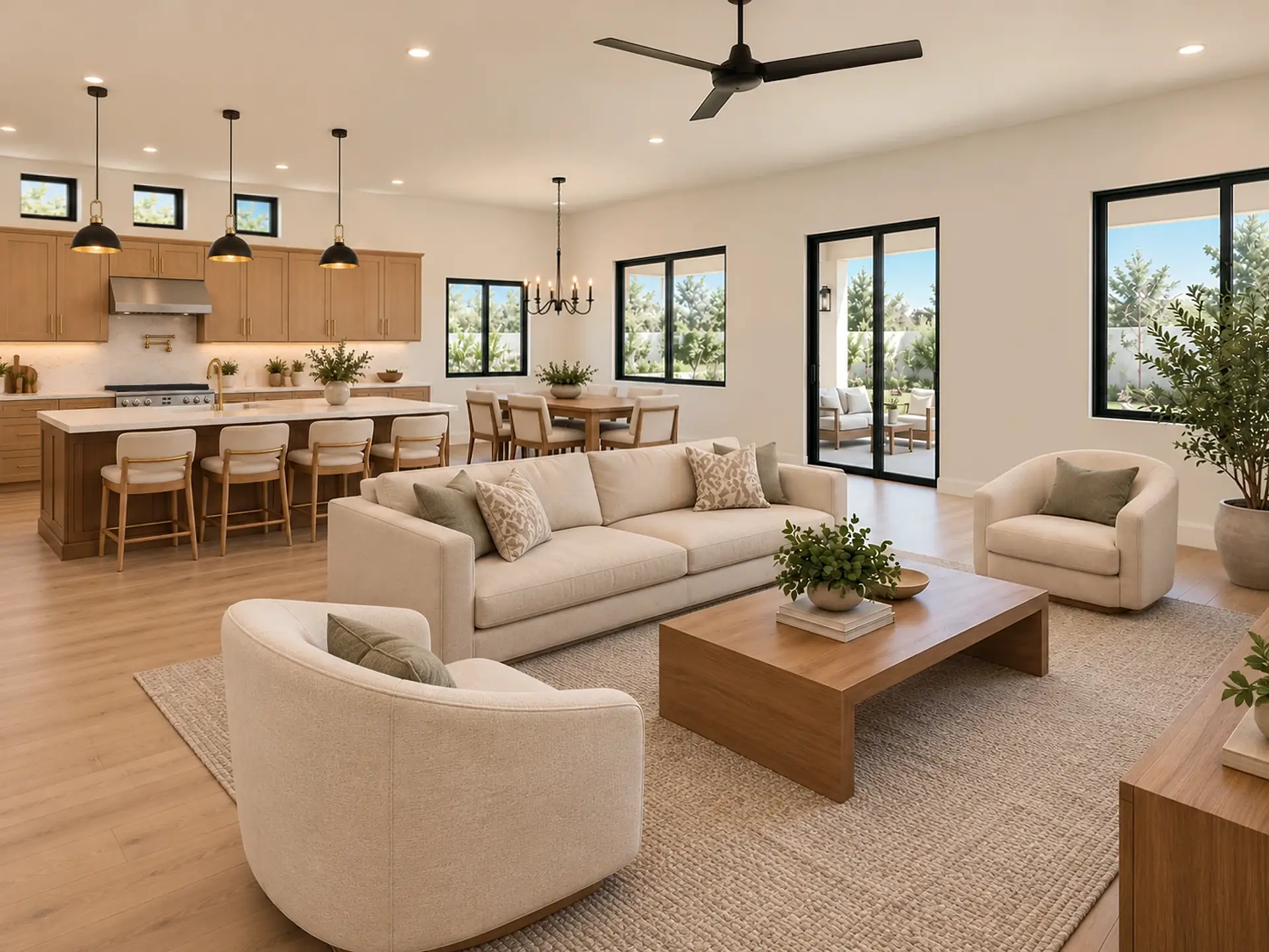 Rendering of the great room from its corner by the TV wall: a cream sofa, two round armchairs and a wood coffee table on a jute rug under a black ceiling fan, black-framed windows and a sliding glass door to the covered patio, and the kitchen beyond, with its island, four stools and black dome pendants.