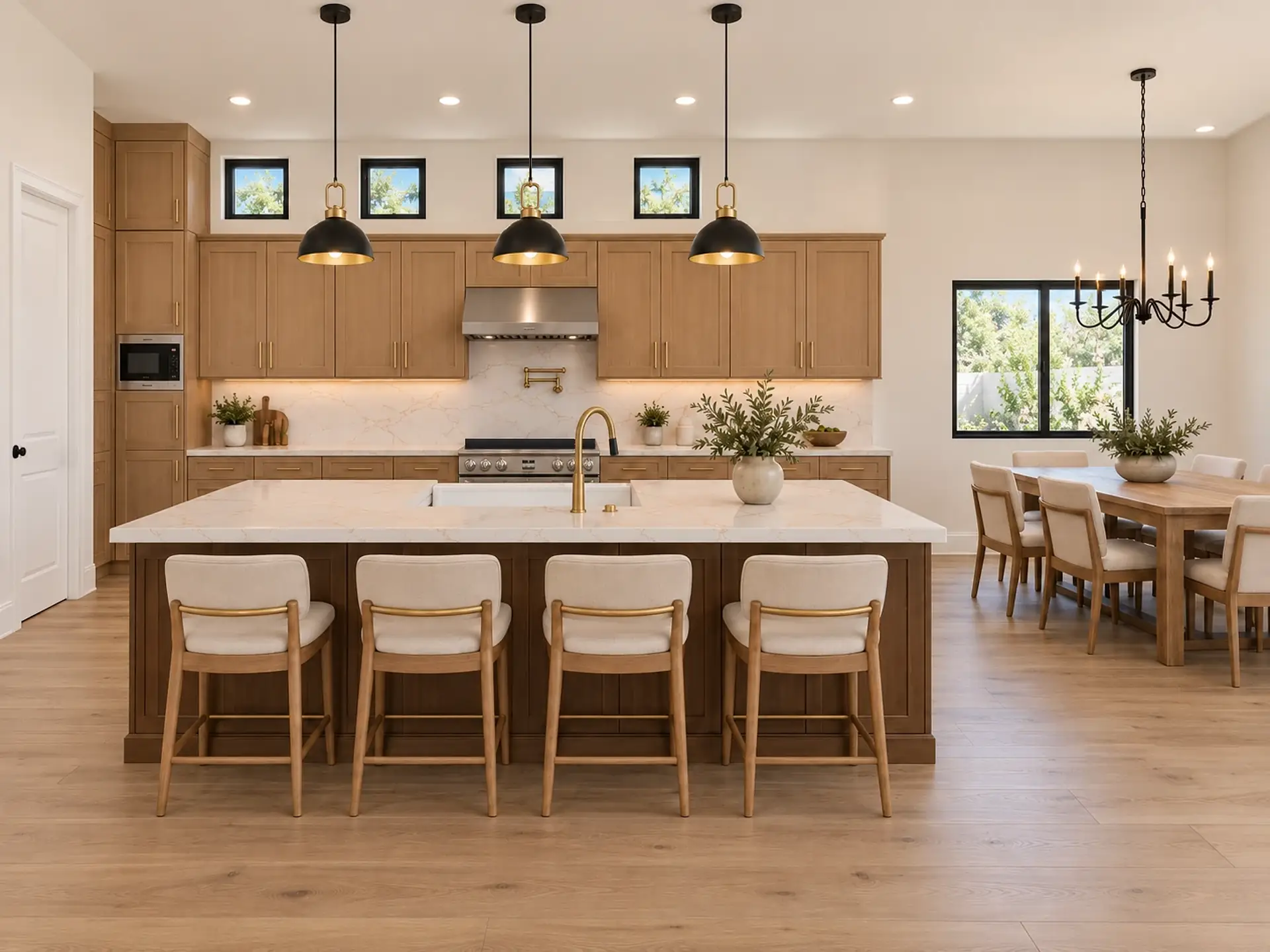 Rendering of the kitchen from the great room: light-wood Shaker cabinets with brass pulls along the back wall, a stainless hood over the range with a brass pot filler, four small square windows above the cabinets, three black dome pendants over a long island with four upholstered stools, and the dining table under a black chandelier on the right.