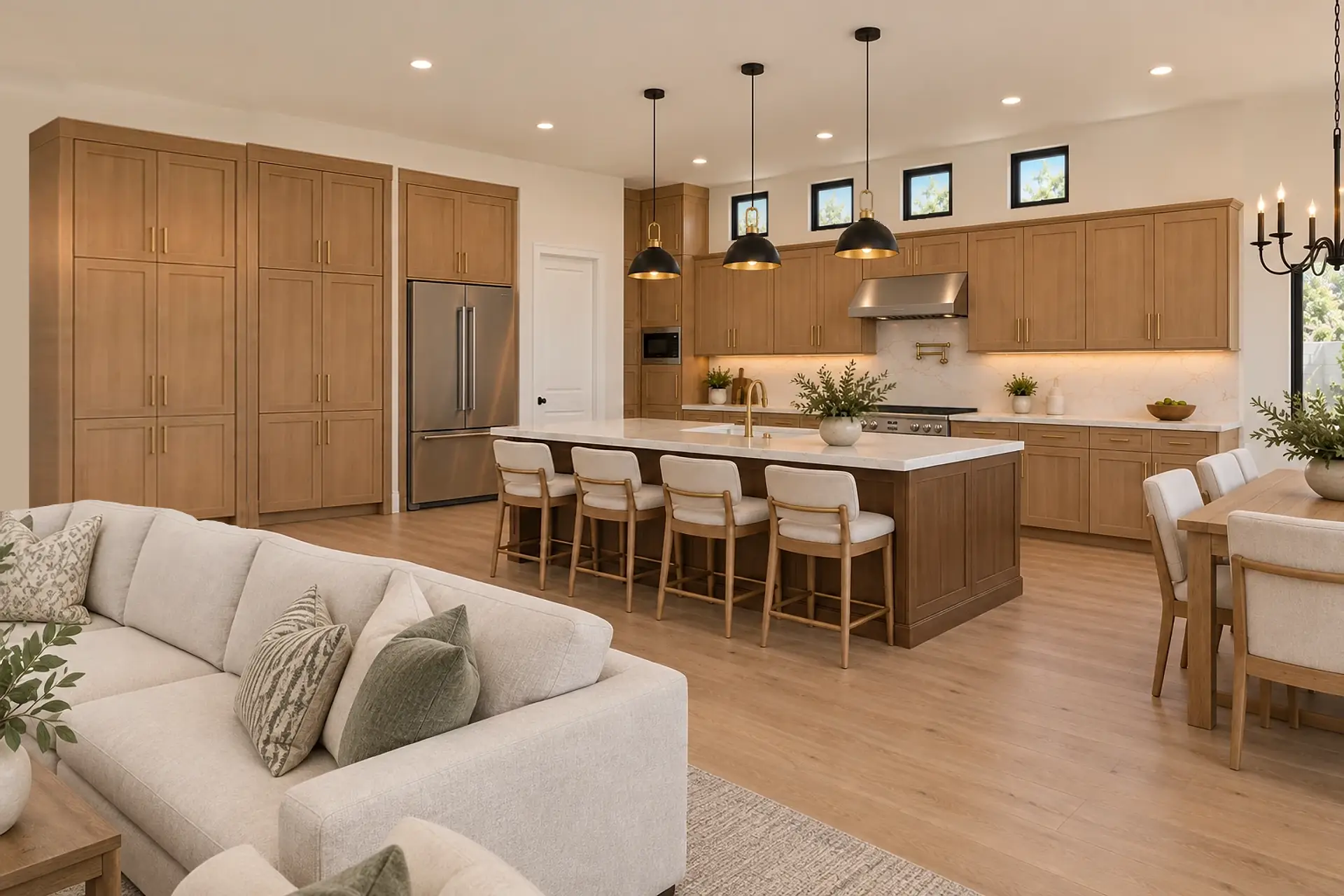 Rendering of the great room and kitchen from beside the patio doors: a cream sectional in front, the kitchen's side wall of tall light-wood cabinets and a stainless refrigerator with a door beside them, and the island with four stools under black dome pendants, with the dining table at the right edge.