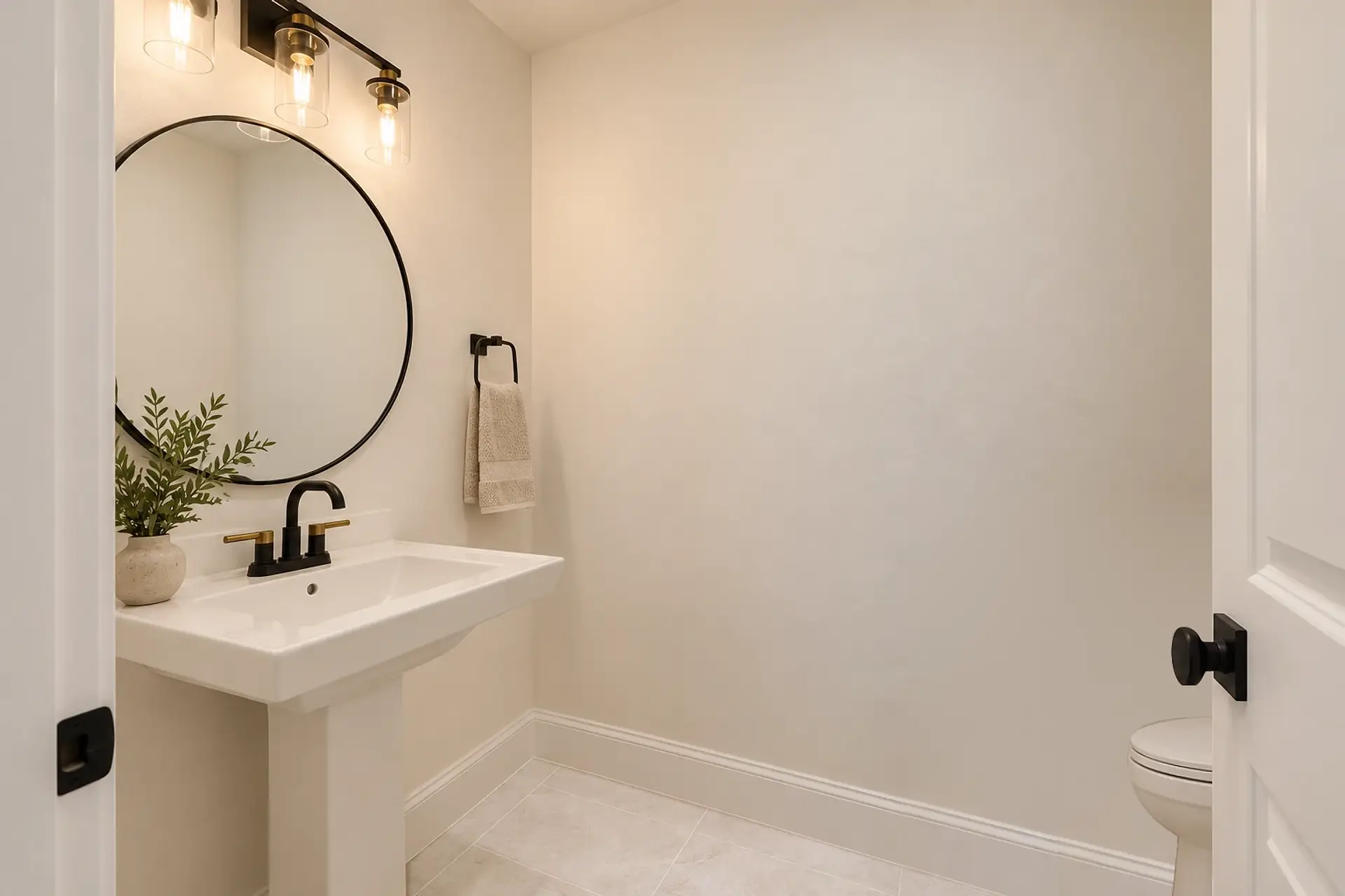 Rendering of the powder room from its doorway: a white pedestal sink with a black and brass faucet under a round black-framed mirror and a three-light black and brass fixture, a black towel ring, and the toilet at the right edge.