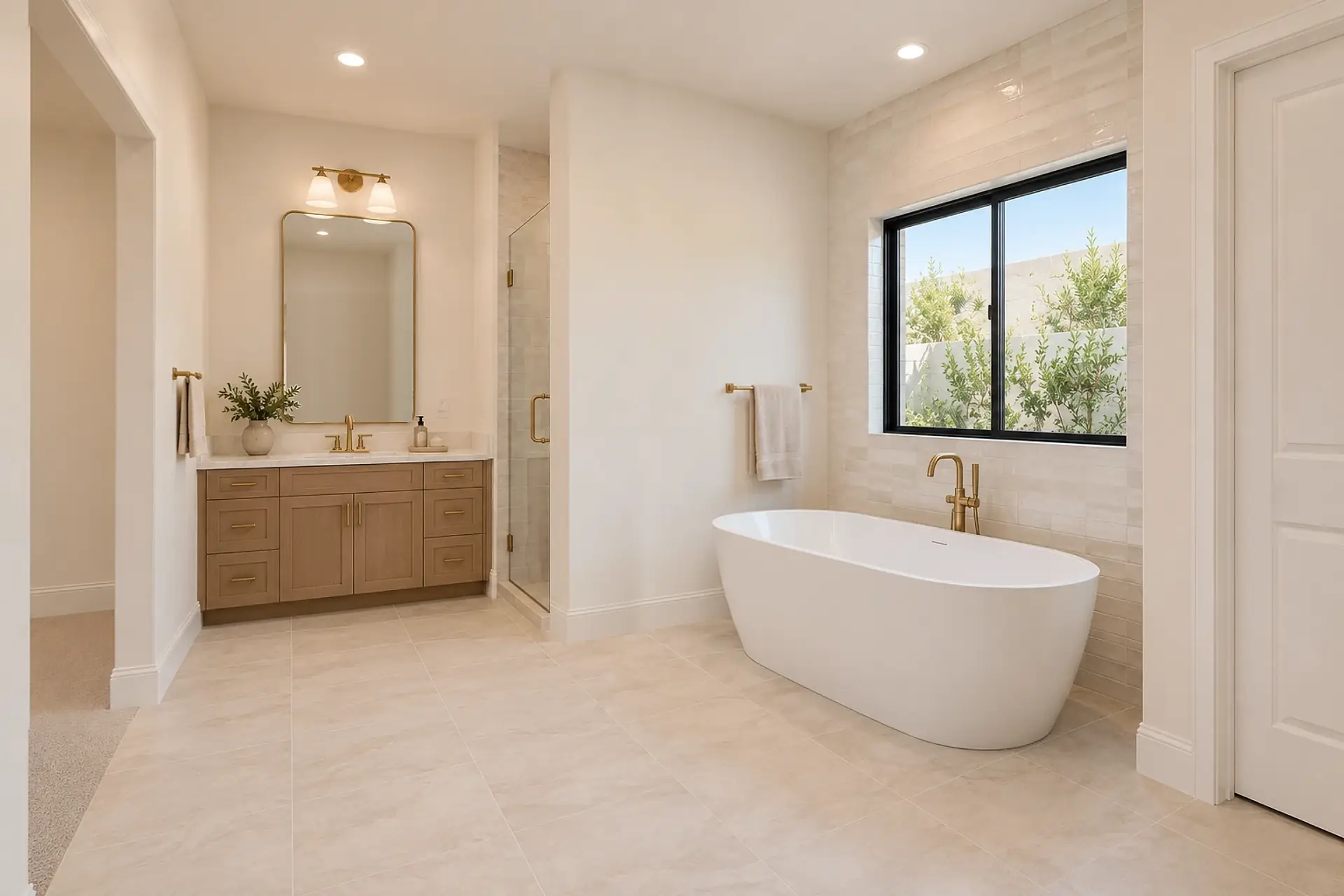 Rendering of the primary bath: a light-wood vanity with a brass-framed mirror and brass lights on the far wall, a glass shower beside it, and a freestanding tub with a brass floor-mounted filler under a black-framed window, against an ivory tiled wall.