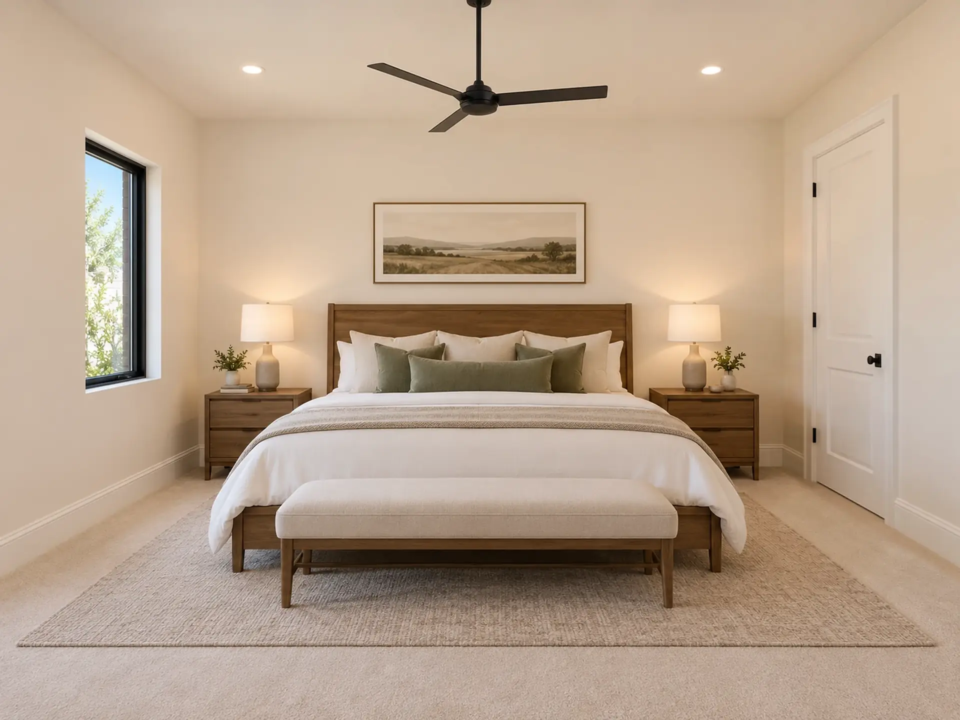 Rendering of the primary bedroom: a bed with a wood headboard and a bench at its foot between two nightstands with lamps, a landscape print over it, a black ceiling fan, a black-framed window on the left wall and a white door on the right.